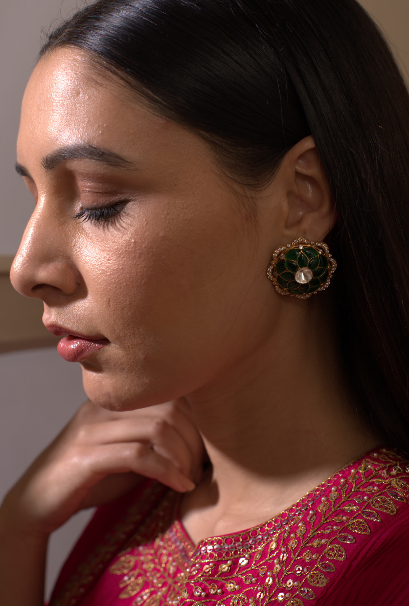 Polki & Green Stone Gold Plated Silver Ear Studs