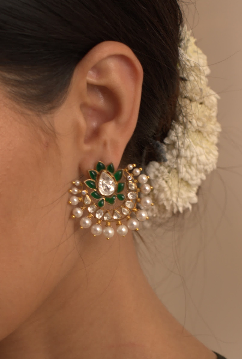 Polki & Green Stone Gold Plated Silver Ear Studs With Pearls