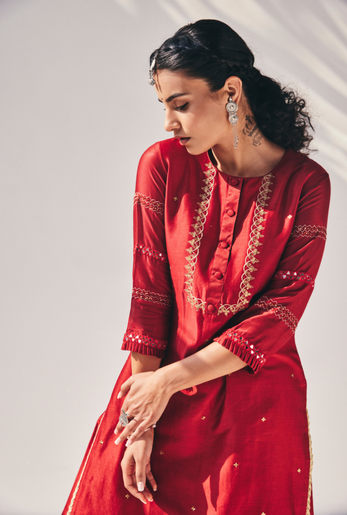 Red Mirror Work Fiza Kurta Set