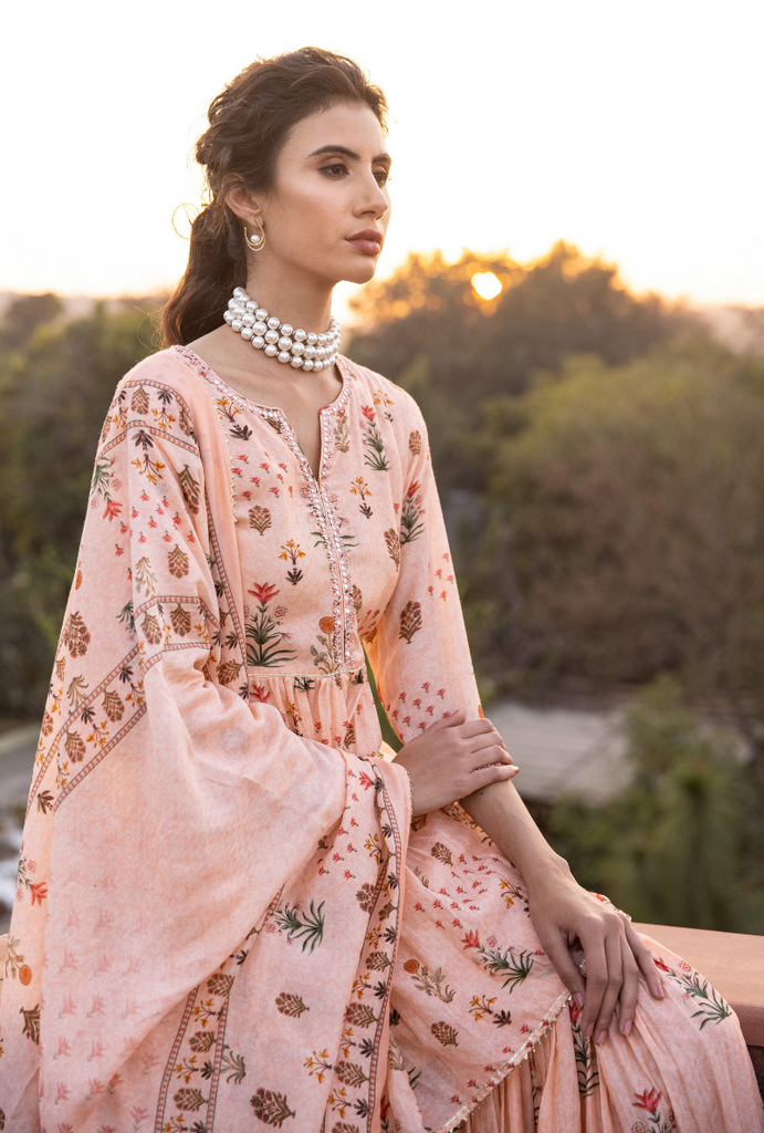 Peach Mirror Work Yoke Malang Gharara Set