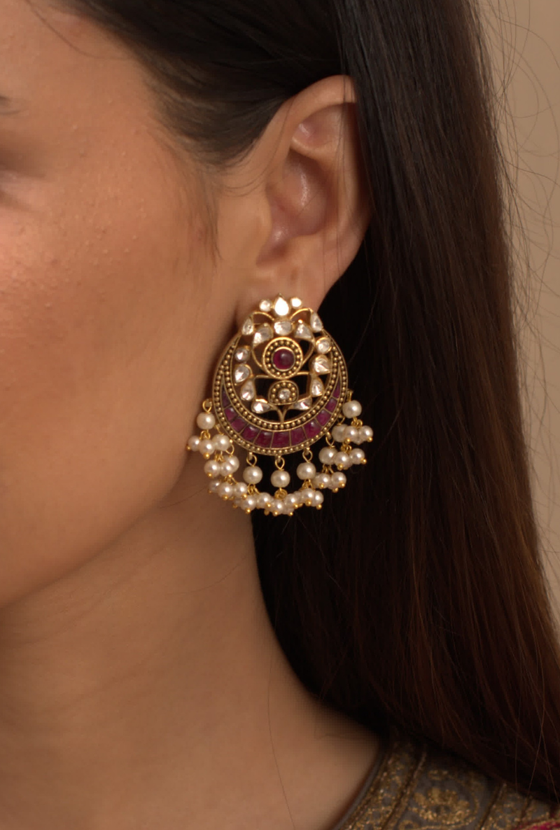 Gold Plated Silver Earrings With Polki & Red Stones And Pearl Drops