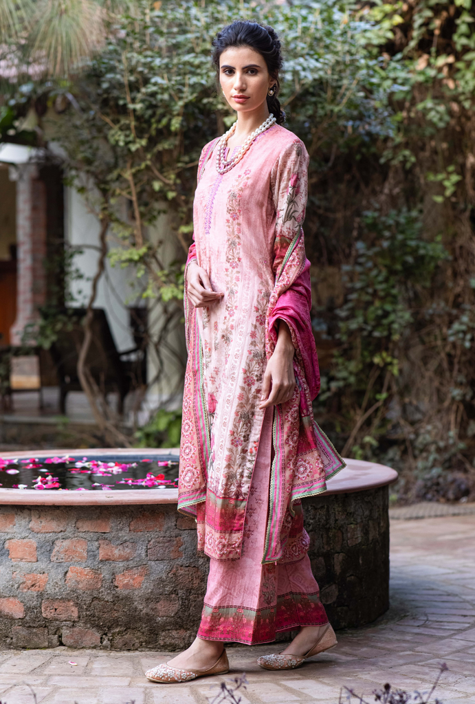 Pink Mirror Work Malang Kurta Set