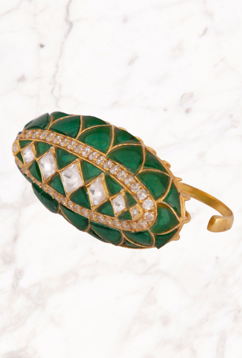 Gold Plated Silver Two Finger Ring With Green Stones & Polki