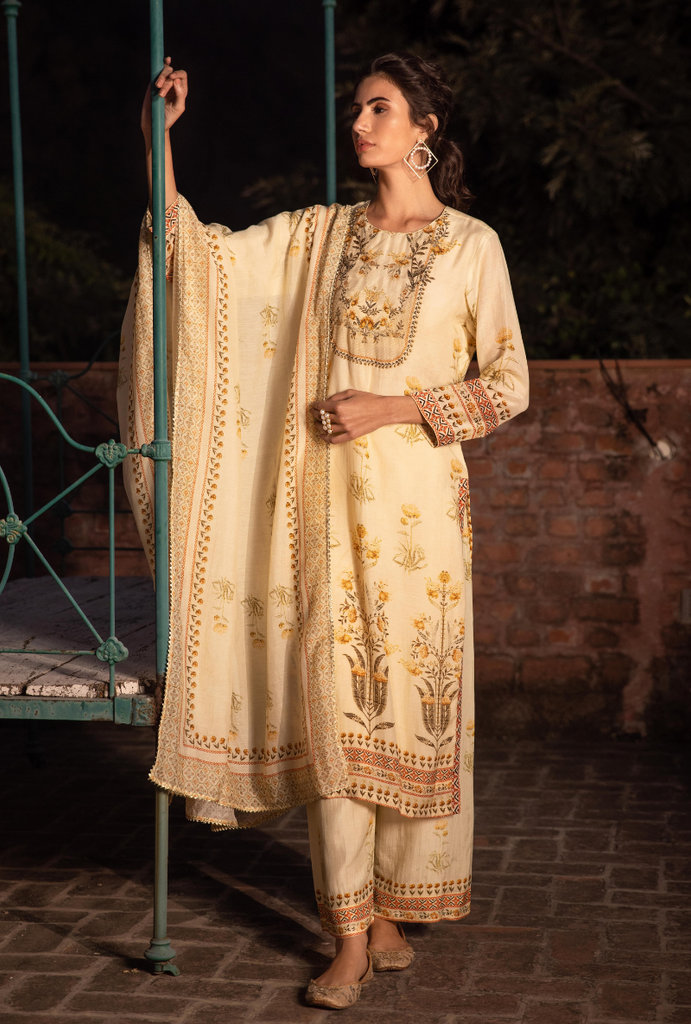 Cream Leaf Yoke Malang Kurta Set