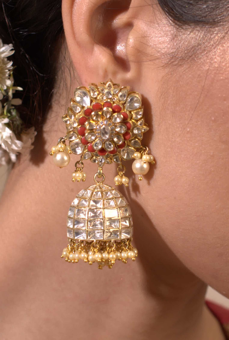 Gold Plated Silver Polki Jhumkis With Coral & Pearl Drops
