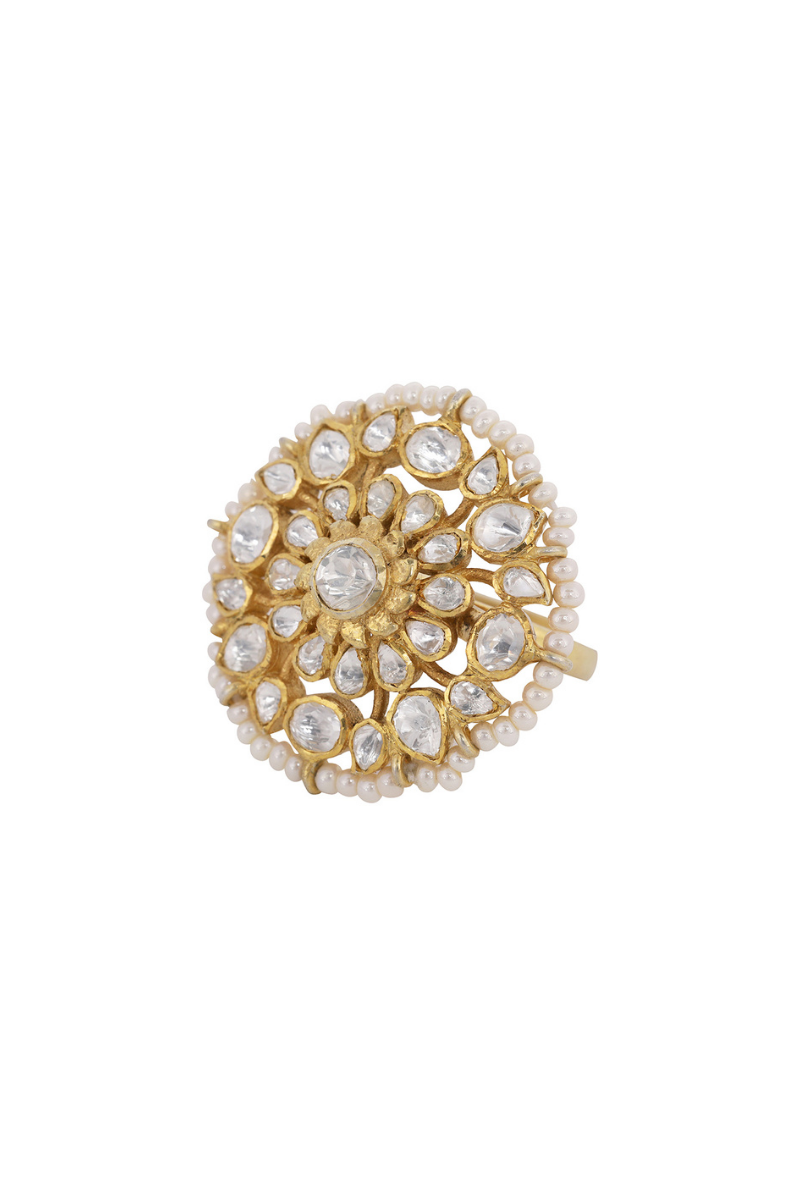 All White Polki Gold Plated Silver Floral Motif Ring