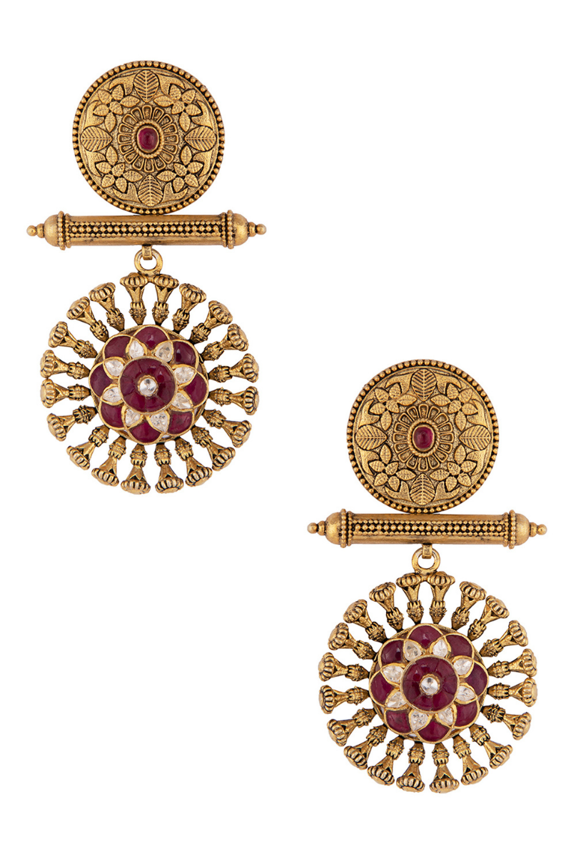 Gold Plated Silver Floral Texture Earrings With Polki & Red Stones