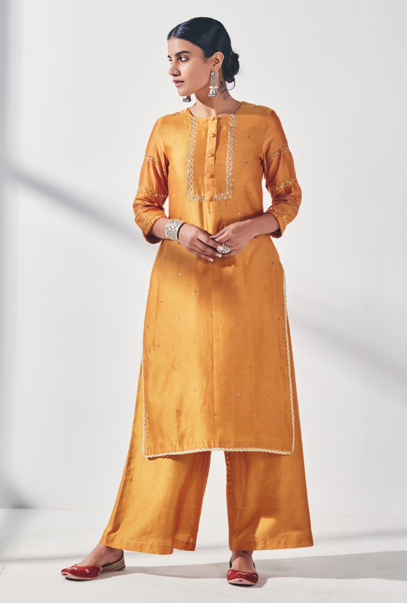 Yellow Mirror Work Fiza Kurta Set
