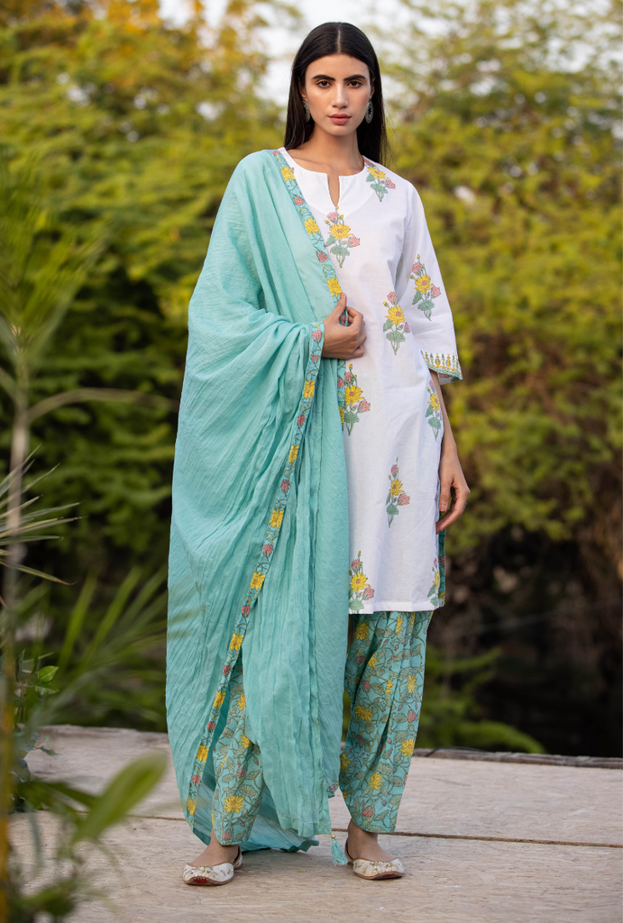 Ivory/Aqua Pankhuri Salwar Kurta Set