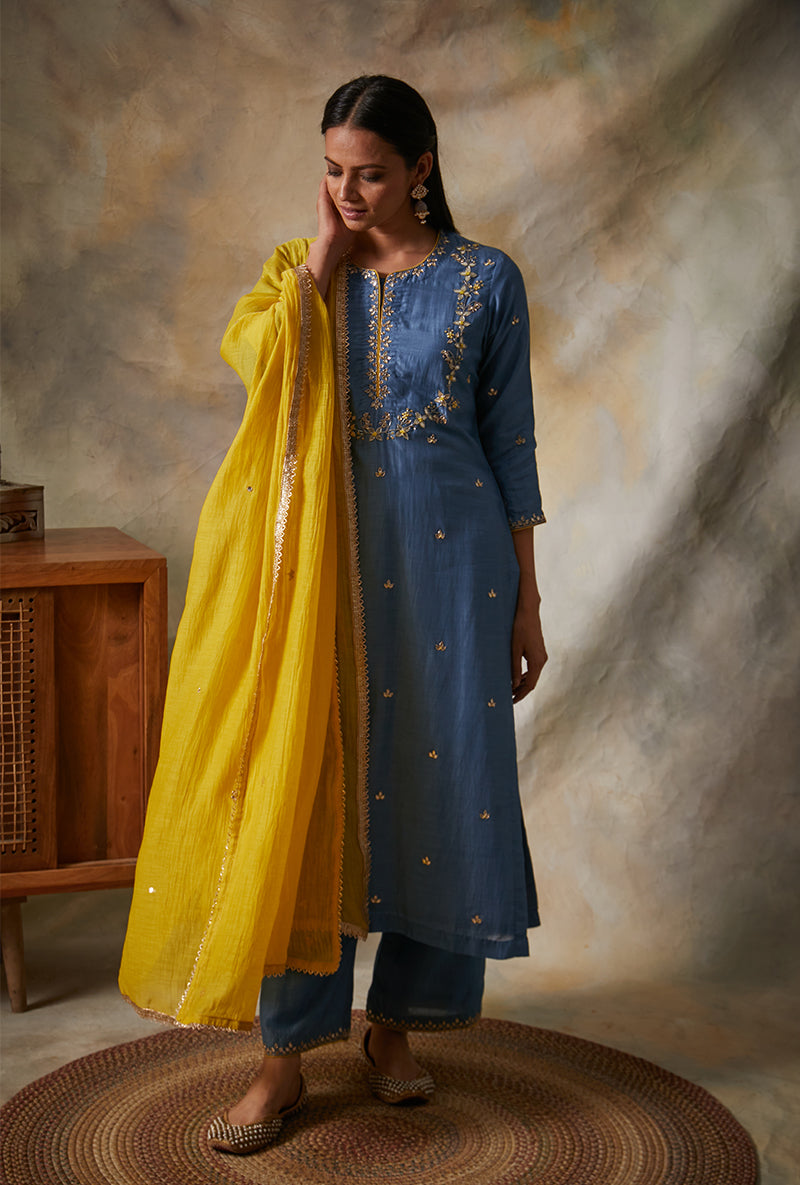 Blue Leaf Yoke Mahi Kurta Set