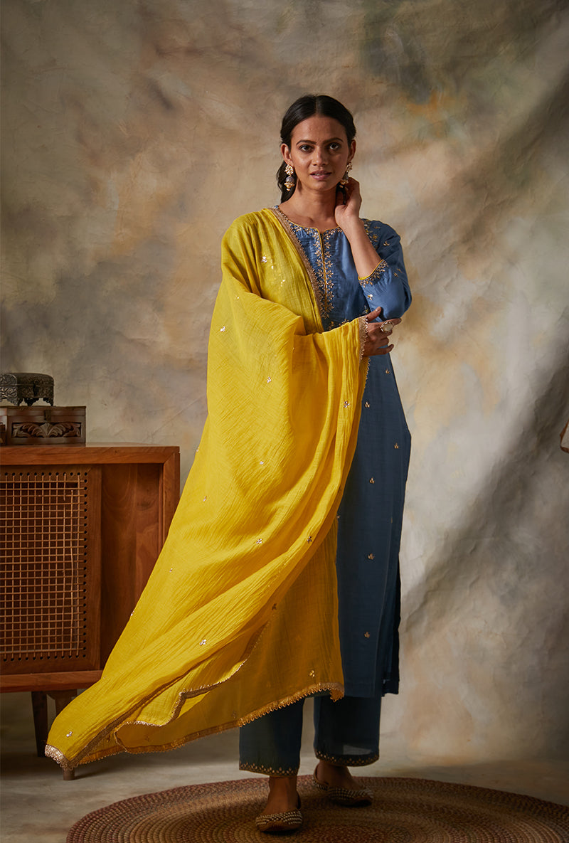 Blue Leaf Yoke Mahi Kurta Set