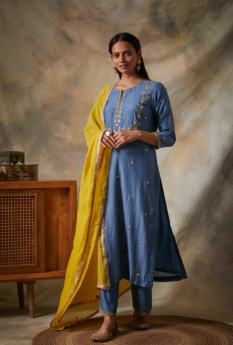 Blue Leaf Yoke Mahi Kurta Set