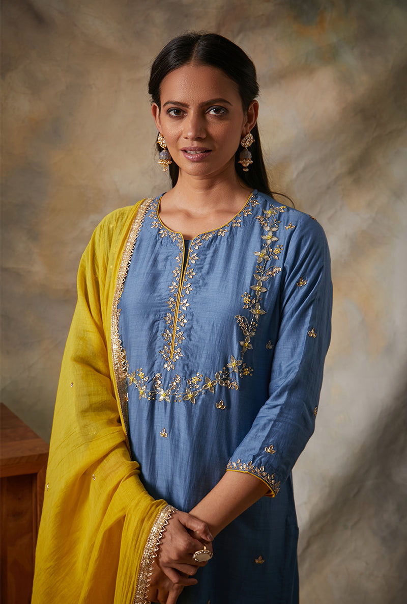 Blue Leaf Yoke Mahi Kurta Set