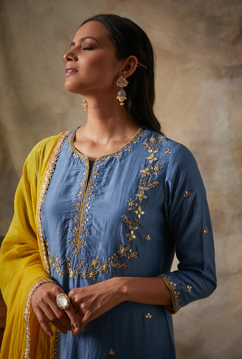 Blue Leaf Yoke Mahi Kurta Set
