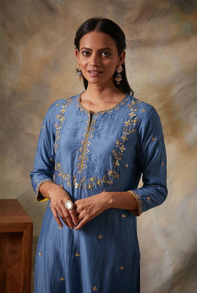Blue Leaf Yoke Mahi Kurta Set