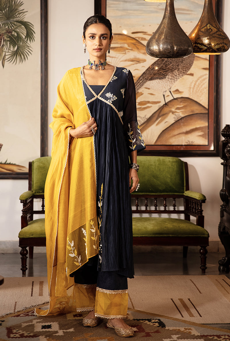 Blue and Yellow Yoke Kurta Set