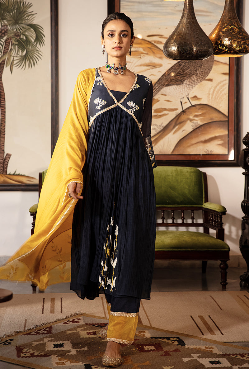 Blue and Yellow Yoke Kurta Set