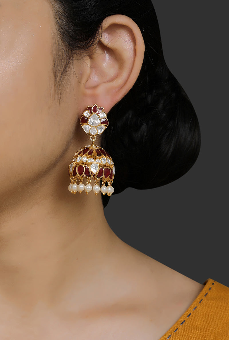 Polki With Red Stone Gold Plated Silver Jhumki