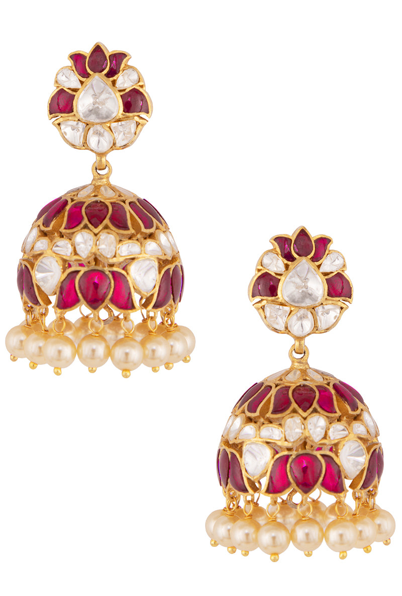 Polki With Red Stone Gold Plated Silver Jhumki