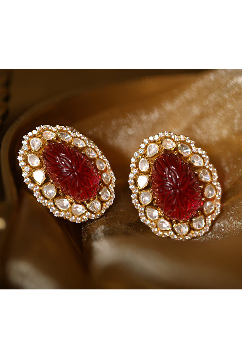 Gold Plated Silver Earring With Red Carved Oval Stone And Polki
