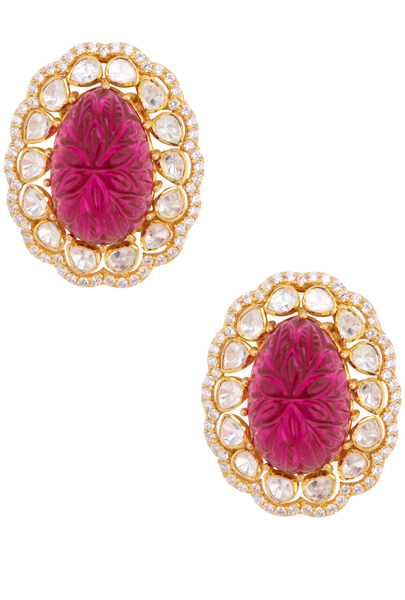 Gold Plated Silver Earring With Red Carved Oval Stone And Polki
