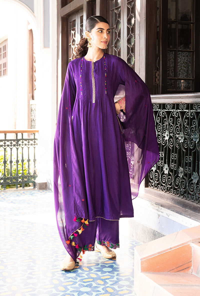 Purple Applique Lotus Sleeves Sunehri Kurta Set