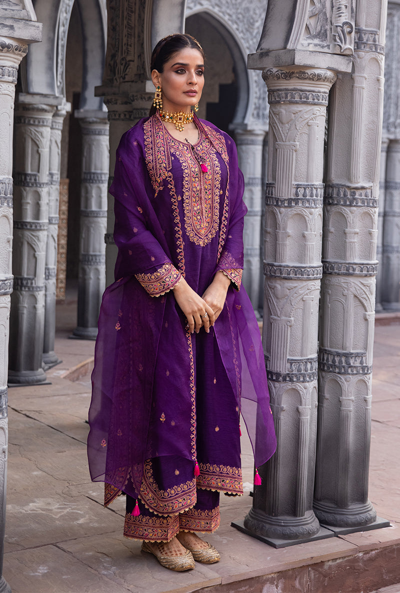 Purple Heavy Marodi Long Ulfat Kurta Set