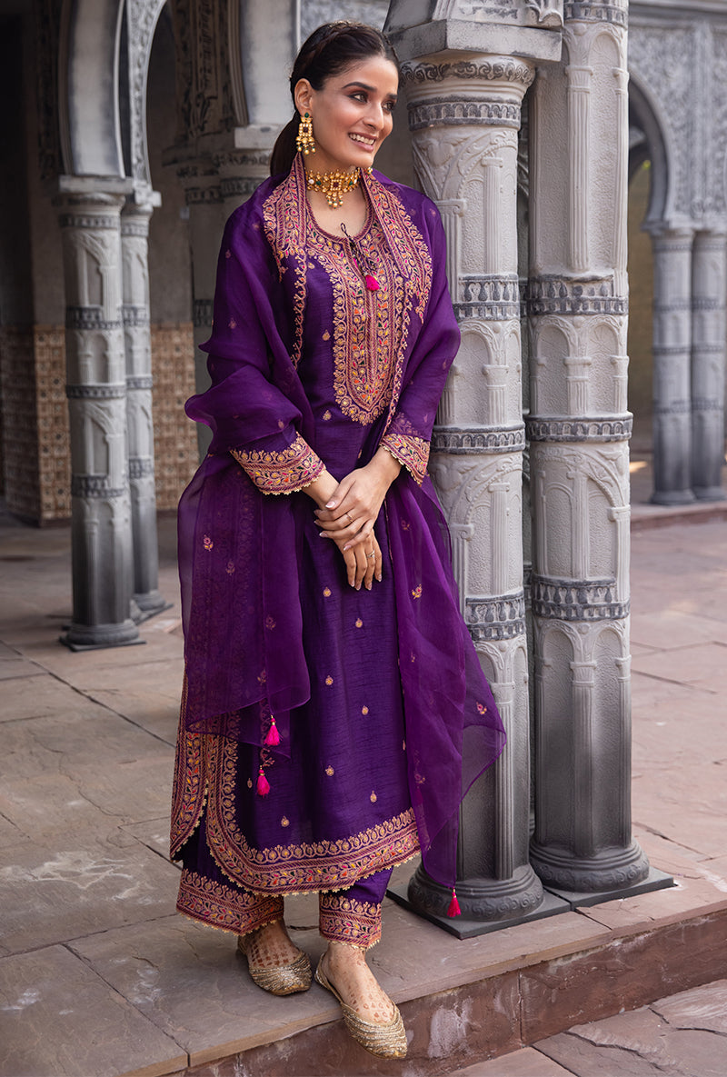 Purple Heavy Marodi Long Ulfat Kurta Set