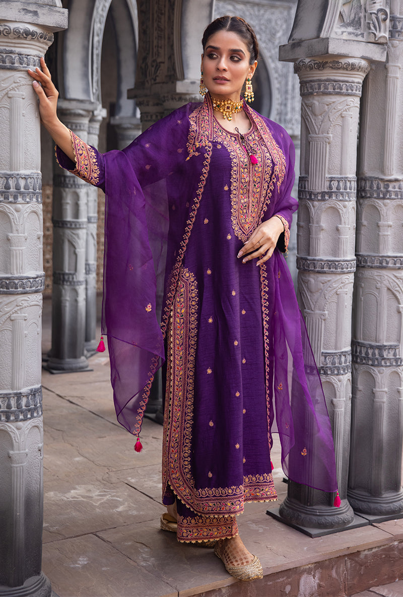 Purple Heavy Marodi Long Ulfat Kurta Set