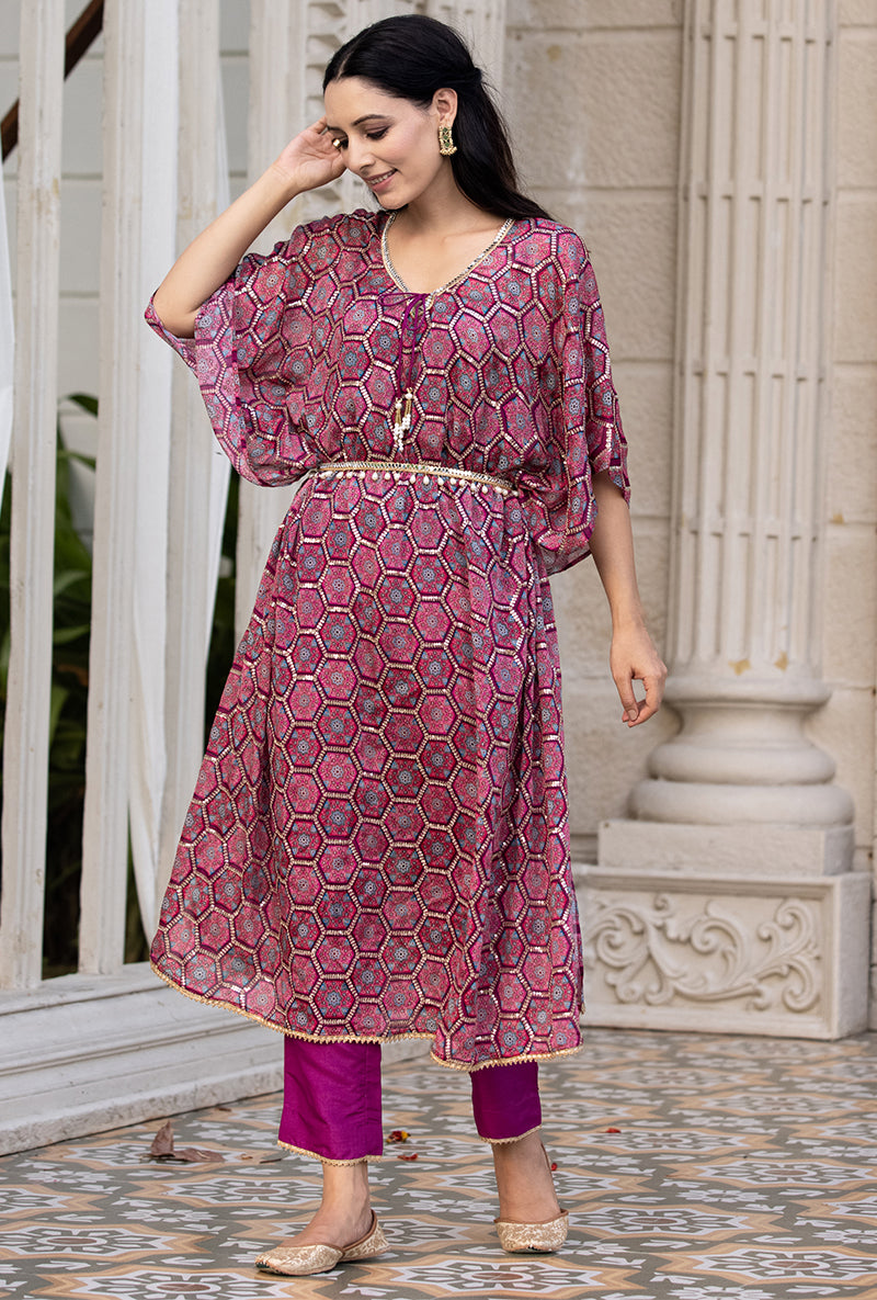 Wine Bandhani Print Sitara 2.0 Kaftan Set