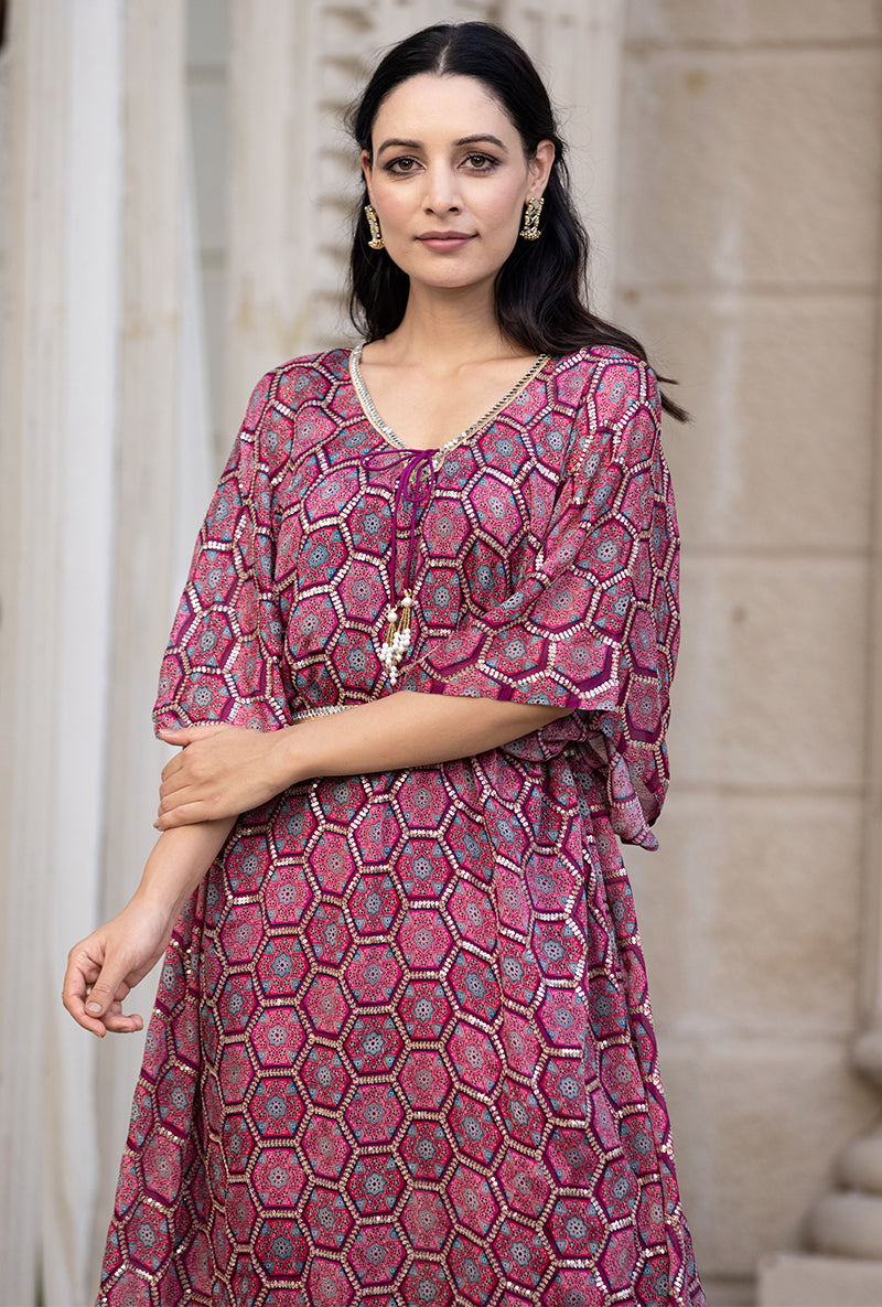 Wine Bandhani Print Sitara 2.0 Kaftan Set