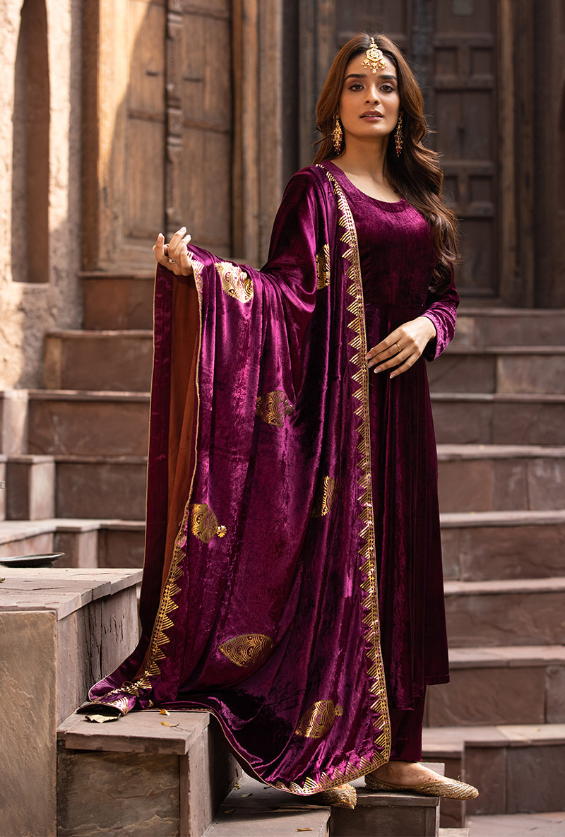 Wine Ruhaani Anarkali Kurta Set