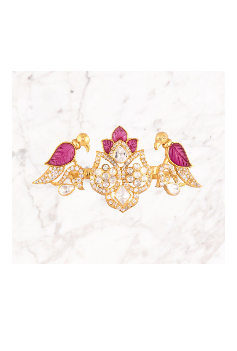 Gold Plated Silver Two Finger Ring With Red Carved Stones & Polki