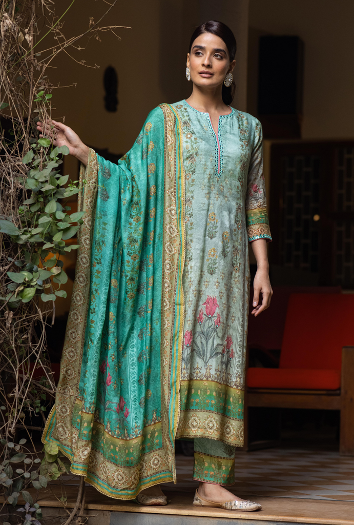 Aqua Mirror Work Malang Kurta Set