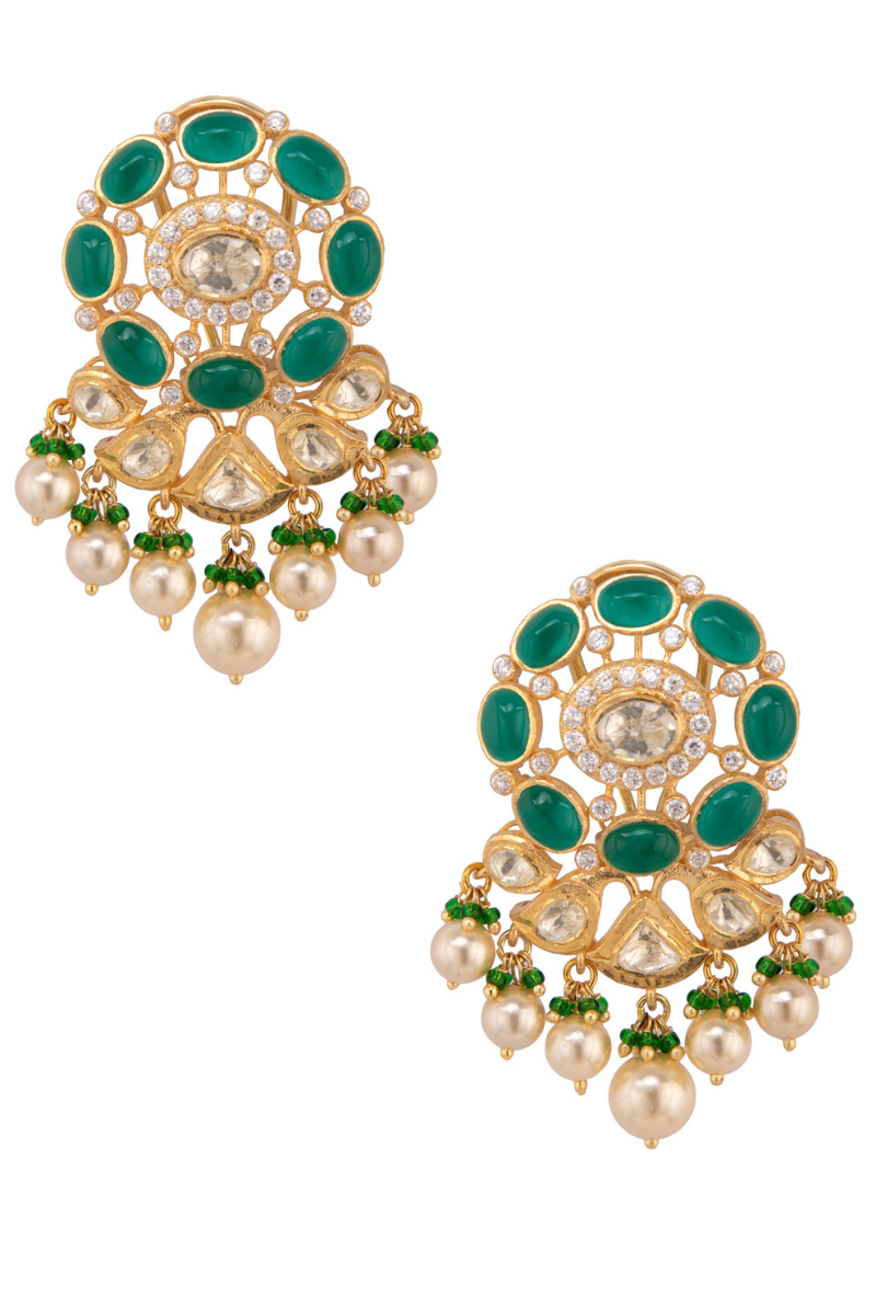 Polki & Green Stone Gold Plated Silver Earrings With Pearl Drops