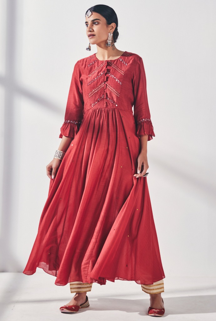 Red Ajrakh Fiza Kurta Set
