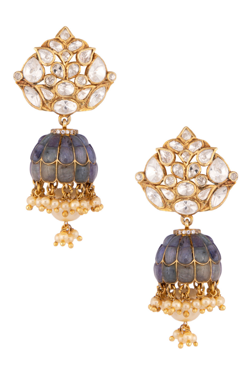 Blue Sapphire & Polki Gold Plated Silver Jhumki