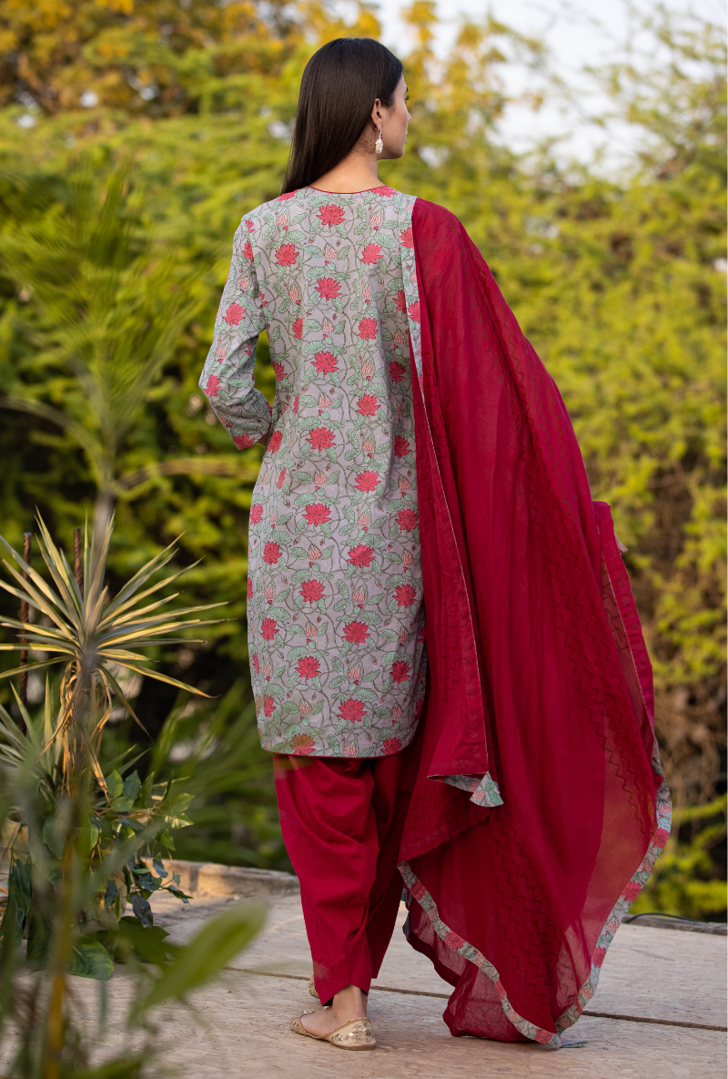 Grey/Red Pankhuri Salwar Kurta Set