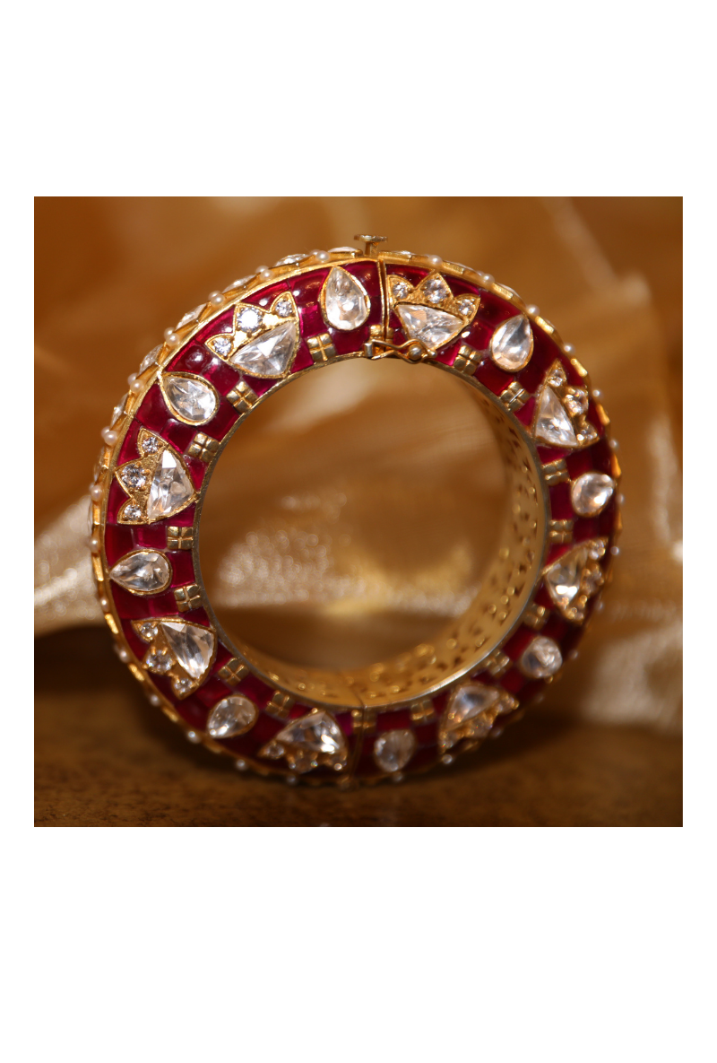 Gold Plated Silver Polki Openable Kada With Red Stones & Pearls