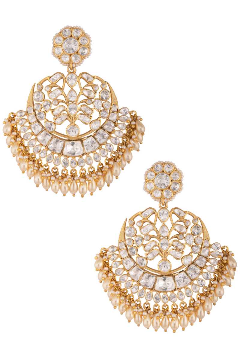 All White Polki Gold Plated Silver Chandbalis With Pearl Drops
