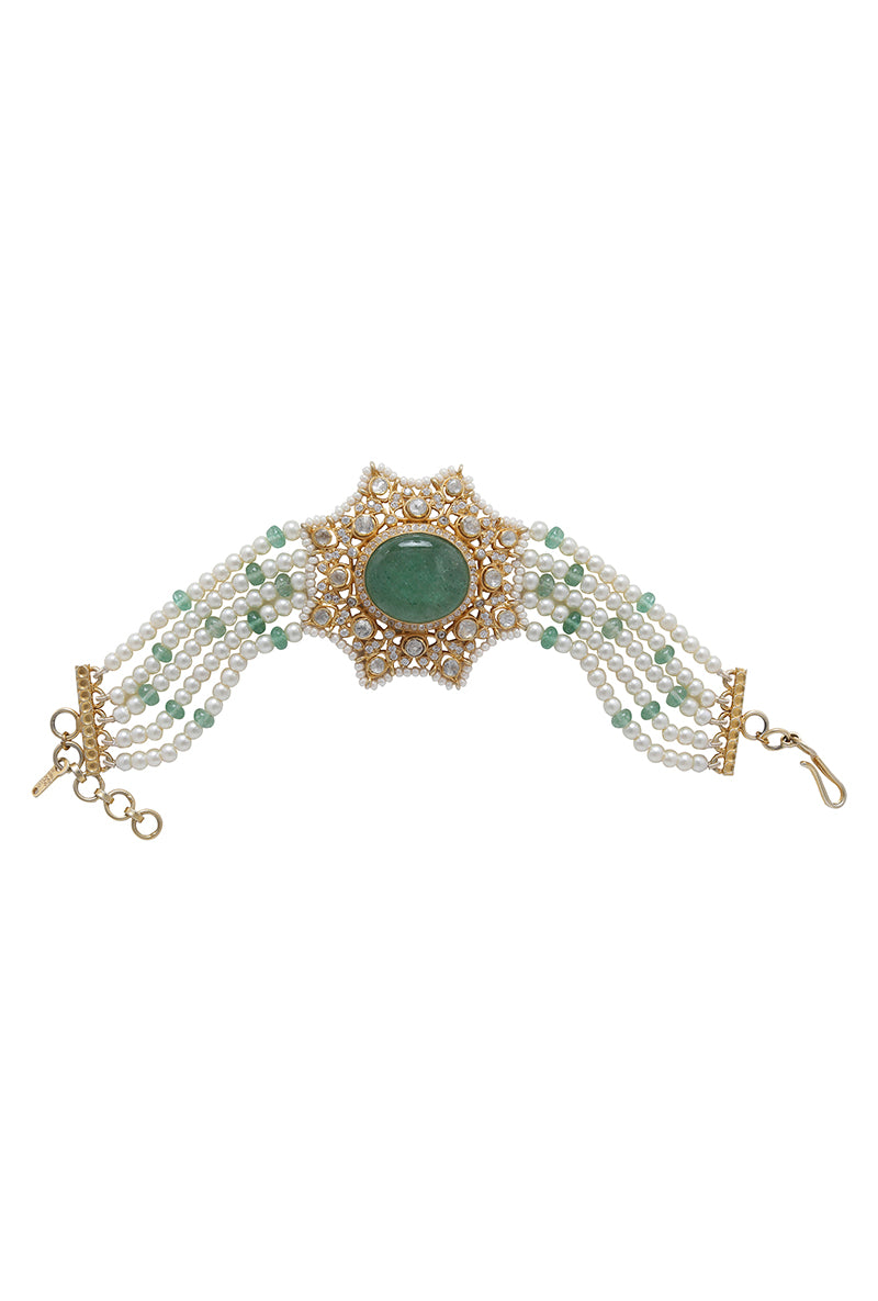 Gold Plated Silver Polki Pearl Bracelet With Green Oval Stone in Center
