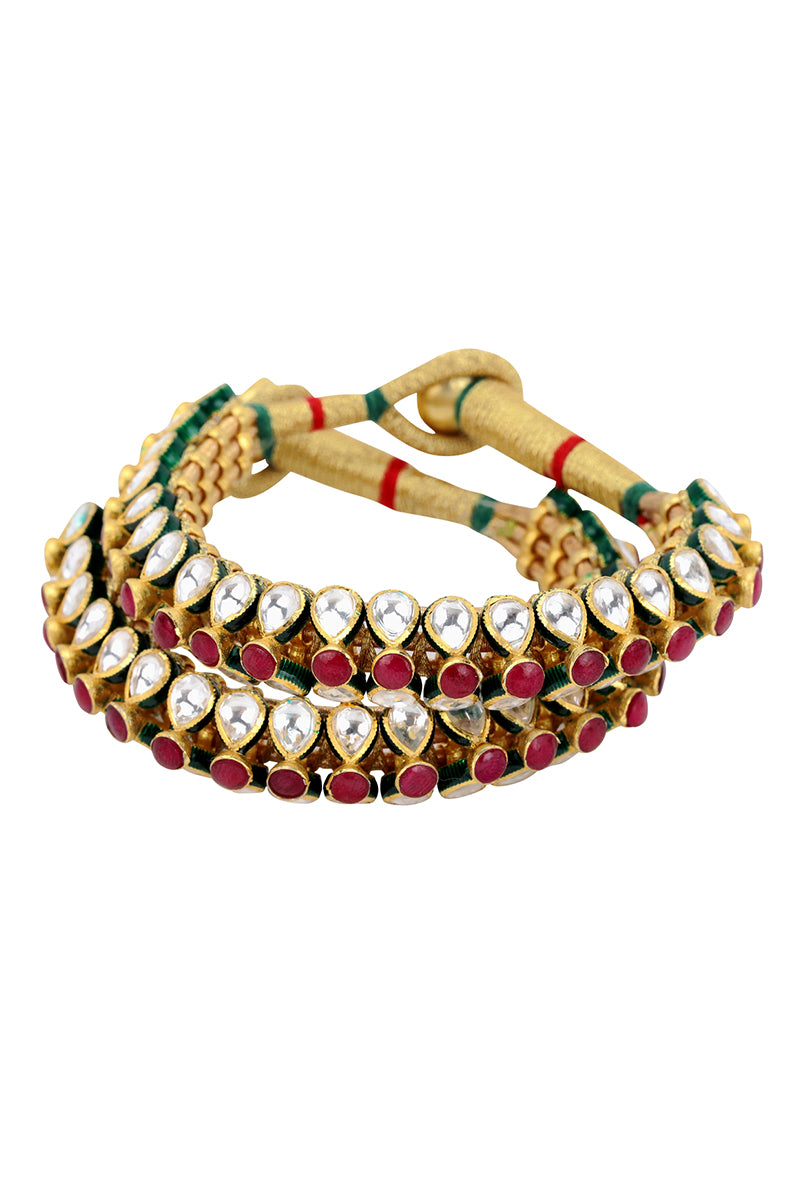 Gold Plated Silver Polki Openable Kada Pair With Red Stones & Red / Green Enamel