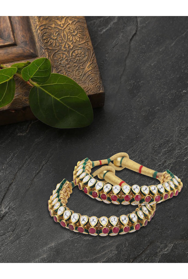 Gold Plated Silver Polki Openable Kada Pair With Red Stones & Red / Green Enamel