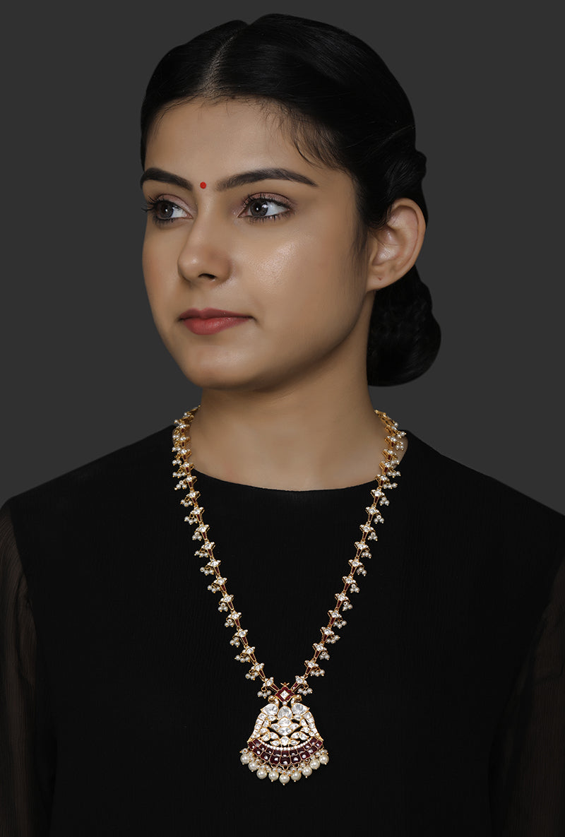 Gold Plated Silver Polki Pendant Necklace With Red Stone & Pearls