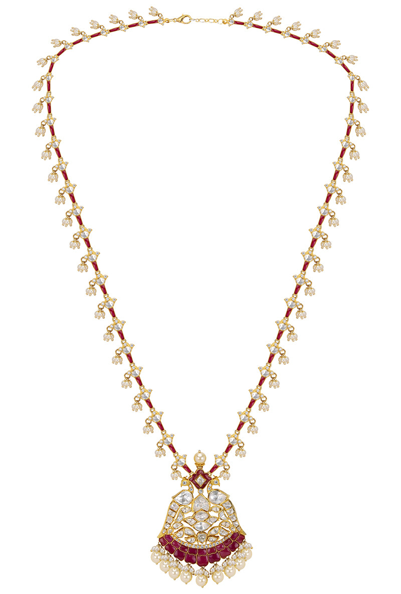 Gold Plated Silver Polki Pendant Necklace With Red Stone & Pearls