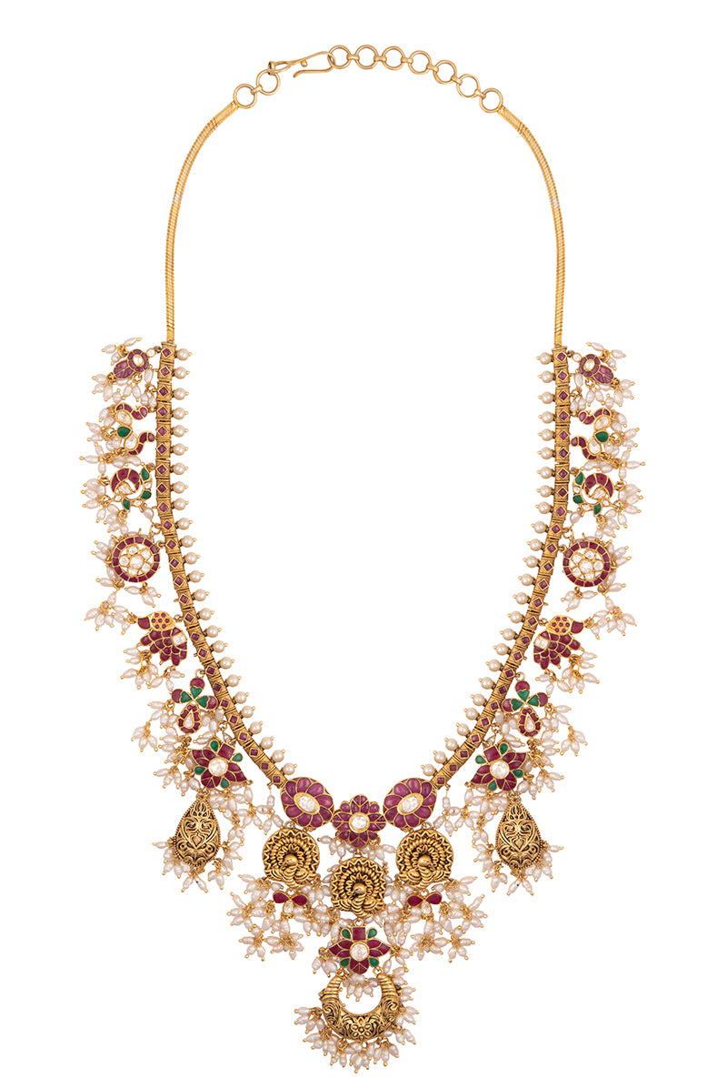 Gold Plated Silver Necklace With Texture Bird Motifs & Rice Pearl Drops