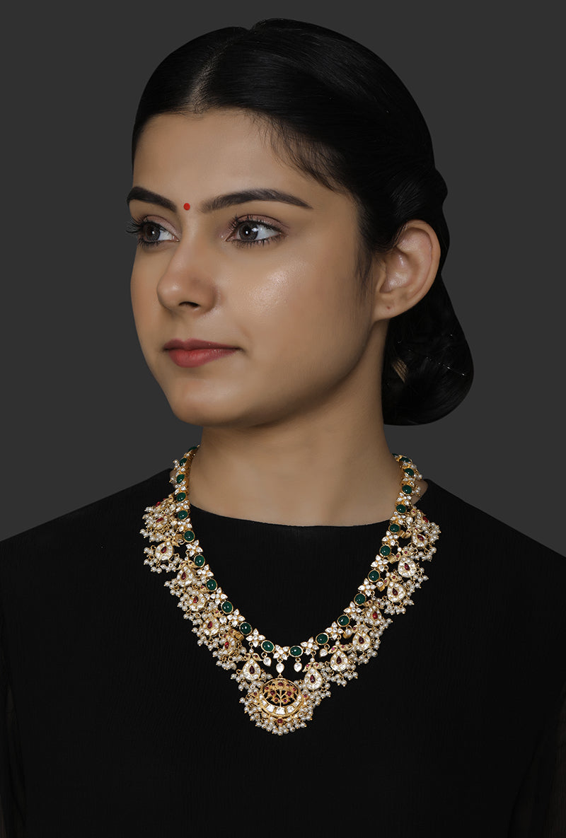 Gold Plated Silver Princess Necklace With Polki, Rubies & Emeralds & Pearl Drops