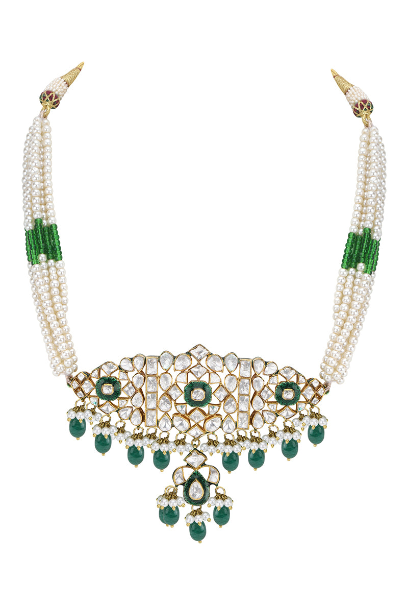 Gold Plated Silver Double Style Wearable Necklace With Polki & Pearl & Green Drops