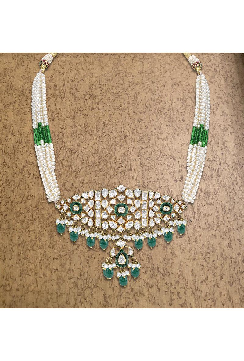 Gold Plated Silver Double Style Wearable Necklace With Polki & Pearl & Green Drops
