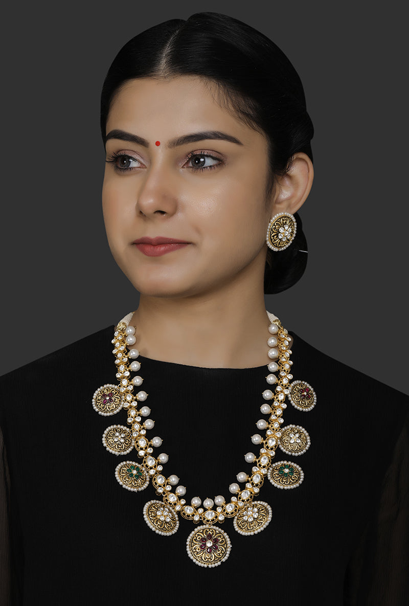 Gold Plated Silver Antique Look Necklace Set With Chitai Texture Work & Floral Motif With Round Pair of Studs